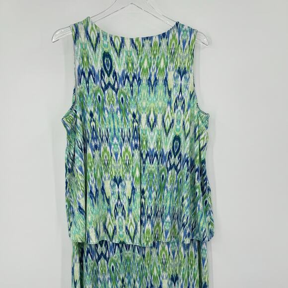 Chico's dress large Ikat print V neck sleeveless maxi stretch beach blue green - Picture 6 of 10